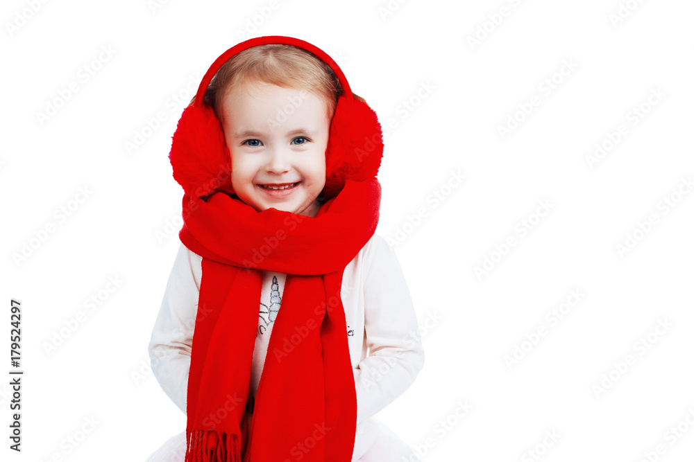 Beautiful little girl with earphones in red on a white background, isolated Beautiful little girl with earphones in red on a white background, isolated