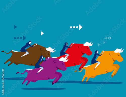 Business people ride bull and competition. Concept business vector illustration. Flat design style.