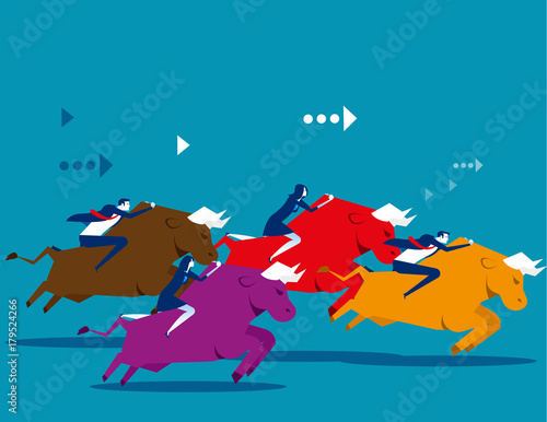 Business people ride bull and competition. Concept business vector illustration. Flat design style.