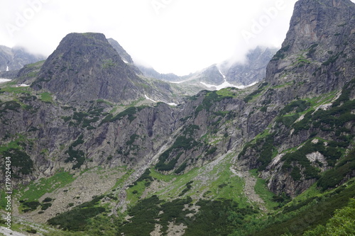 Nature in High Tatras in Slovakia. Mountains of rocky rocks cliffs and waterfalls suitable as background pictures of wishes, banners.