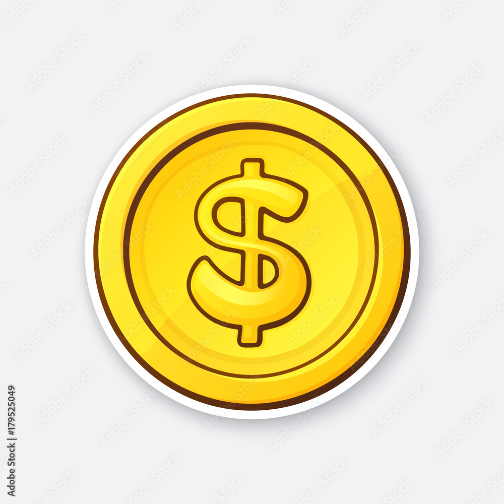 Vector illustration. Gold coin of American dollar. Cash money. Symbol of business, economy and finance. The symbol of world currencies. Sticker with contour. Isolated on white background Vector illustration. Gold coin of American dollar. Cash money. Symbol of business, economy and finance. The symbol of world currencies. Sticker with contour. Isolated on white background