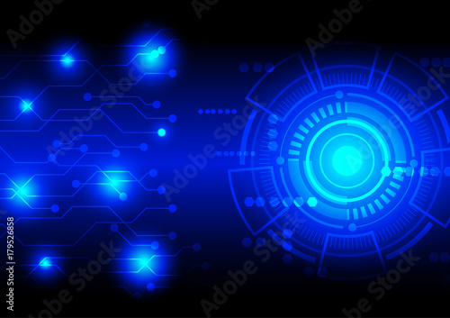 Technology background, circuit board and futuristic circle with glowing light