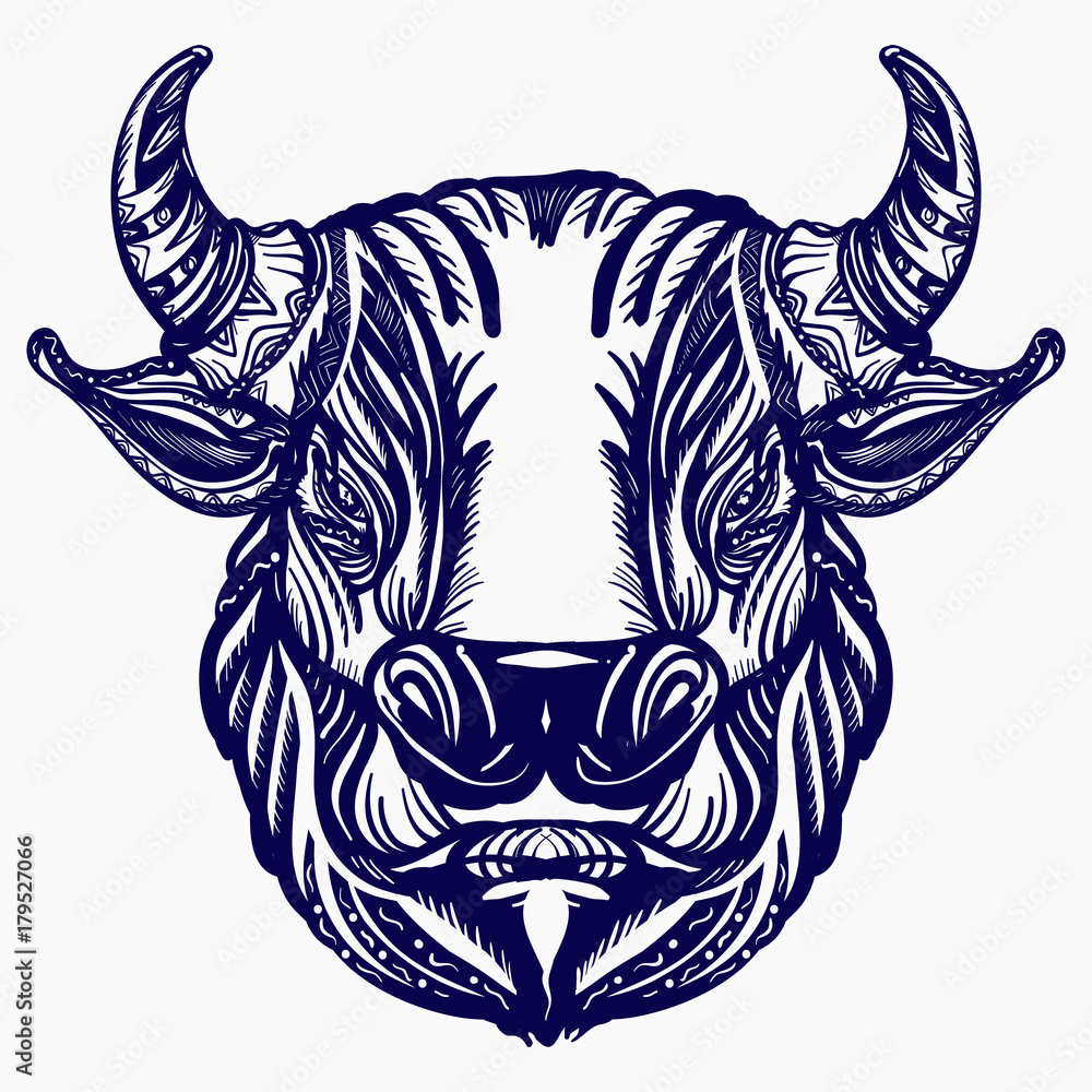 Bull head tattoo and t-shirt design. Big furious bull, symbol of power, aggression  tattoo art Stock Vector | Adobe Stock