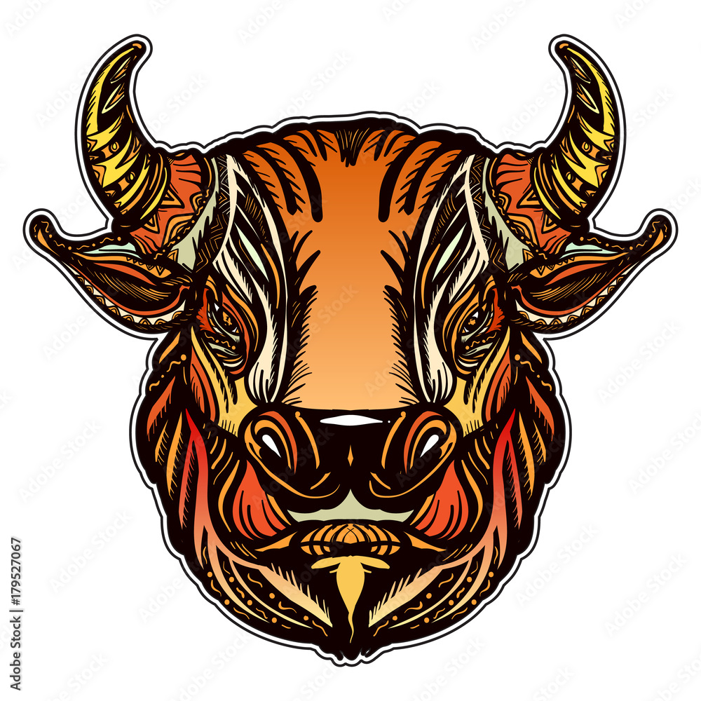 Bull head color tattoo and t-shirt design. Strong bull, symbol of power,  aggression stikers, tattoo art Stock Vector | Adobe Stock