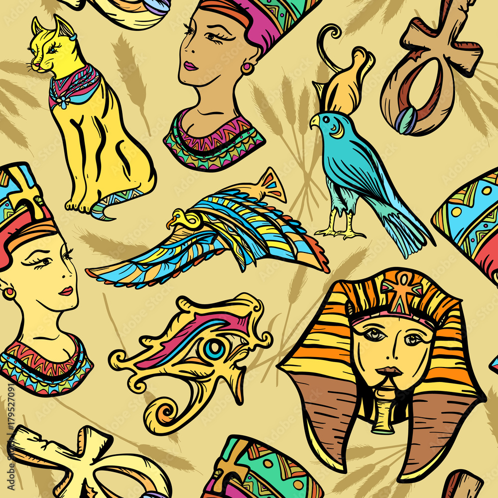 Ancient Egypt seamless pattern, old school tattoo. Pharaoh, ankh, eye Ra, Nefertiti, cat. Ancient Egypt art pattern. Classic flash tattoo style Egypt, patches and stickers