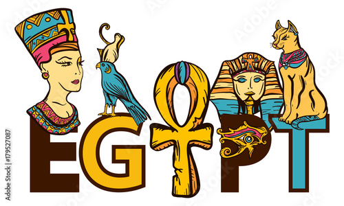 Ancient Egypt seamless pattern, old school tattoo. Egypt - slogan. Pharaoh, ankh, eye Ra, Nefertiti, cat. Ancient Egypt art pattern. Classic flash tattoo style