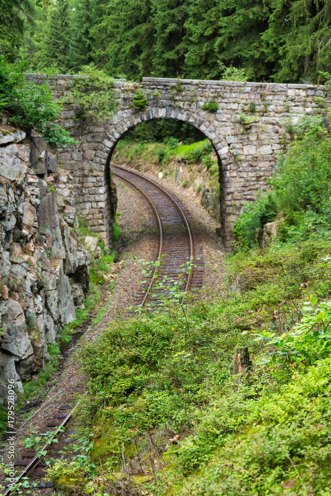 Romantic stone bridge over railway in beautiful forest, Czech republic