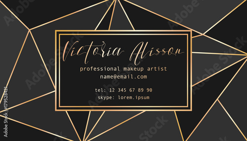 Abstract tirangles low poly business card. Geometric black shapes, gold gradient, makeup artist template conceptual vector illustration.
