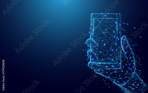 Hand holding a smartphone from lines and triangles, point connecting network on blue background. Illustration vector