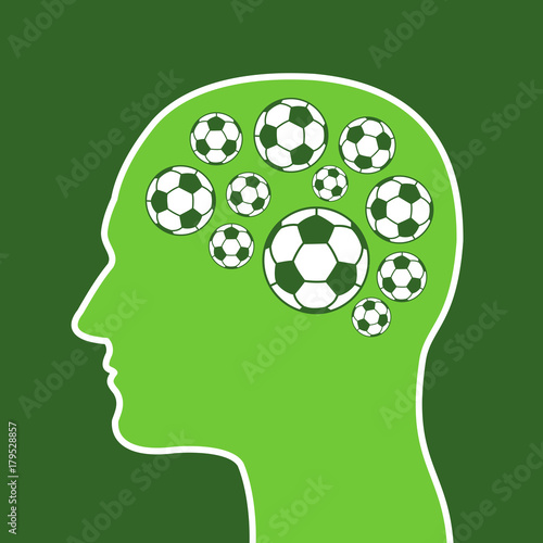 Man with football ball instead of brain - Football and soccer fan - person is obsessed fanatic into sport game, match and support of team. Simple silhouette of head