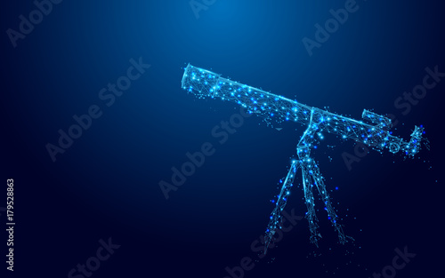 Telescope from lines and triangles, point connecting network on blue background. Illustration vector