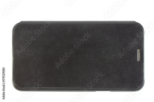 Black leather case of smartphone isolated on white