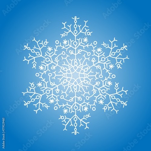 Winter white snowflake on blue background. Christmas element. Vector illustration.