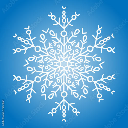 Winter white snowflake on blue background. Christmas element. Vector illustration.