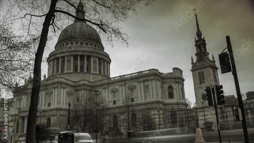 St Pauls Cathedral with cars and red bus passing, LONDON, ENGLAND, long exposure