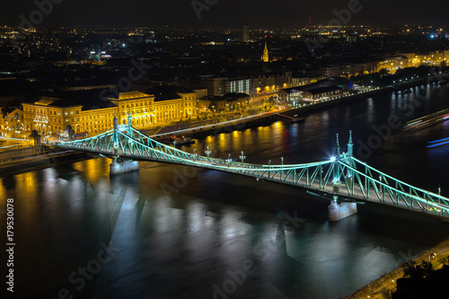 The famous Chain Bridge at night in Budapest, Hungary