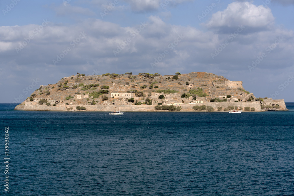 Overview of Spinalonga Island the historic leper colony and Venetian fortress. Lasithi, Crete Greece. October 2017