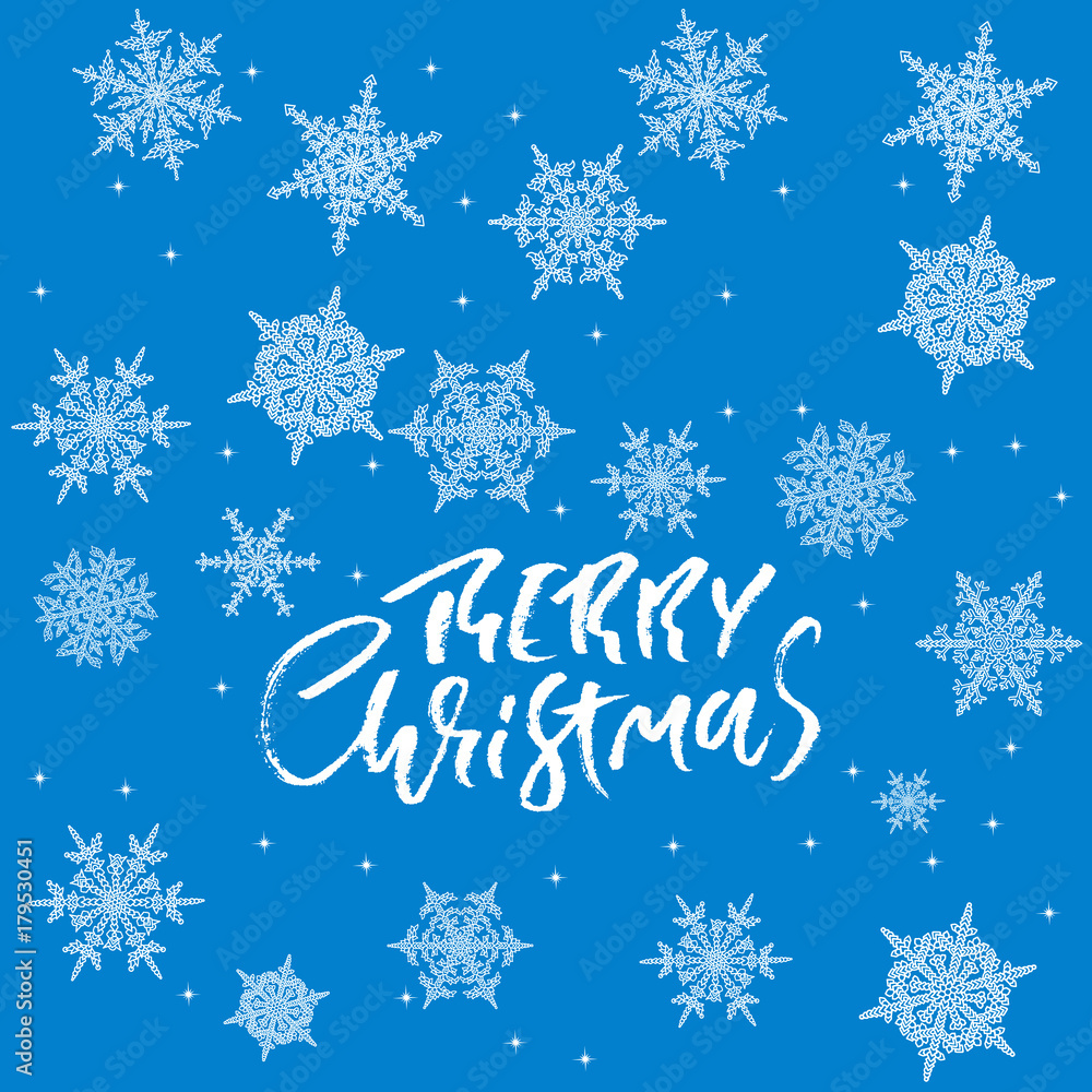 Merry Christmas handwritten lettering design on blue background. Vector illustration. White snowflakes winter pattern. EPS 10