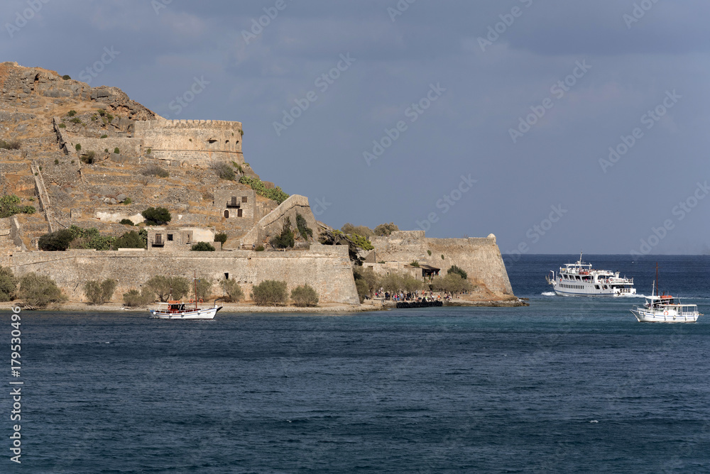 Overview of Spinalonga Island the historic leper colony and Venetian fortress. Lasithi, Crete Greece. October 2017