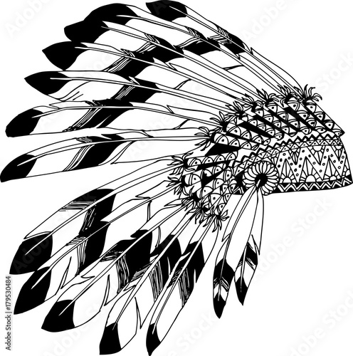 Native American chieftain headdress with feathers. Indian card in a sketch style. Hand drawn patterns for coloring. 