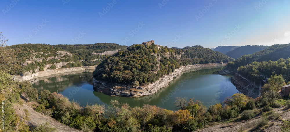 View of river Ter bend and a Benedictine monastery of Sant Pere de Casserres