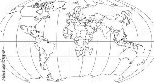 World Map With Smoothed Country Borders Thin Black Outline On White