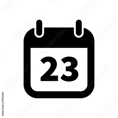 Simple black calendar icon with 23 date isolated on white