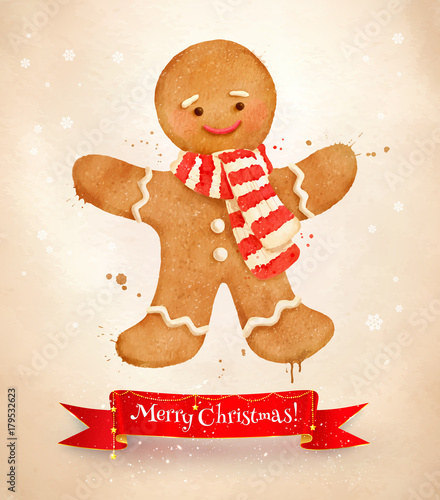Christmas vintage postcard with gingerbread man