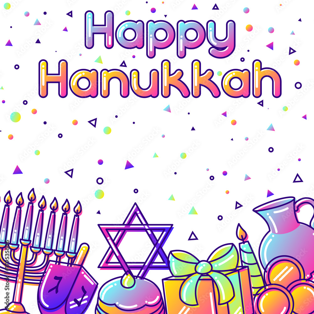 Happy Hanukkah greeting card with holiday objects