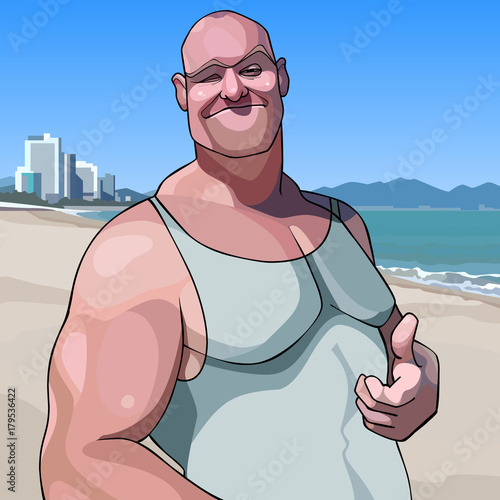cartoon happy male big guy shows an approving gesture thumb up