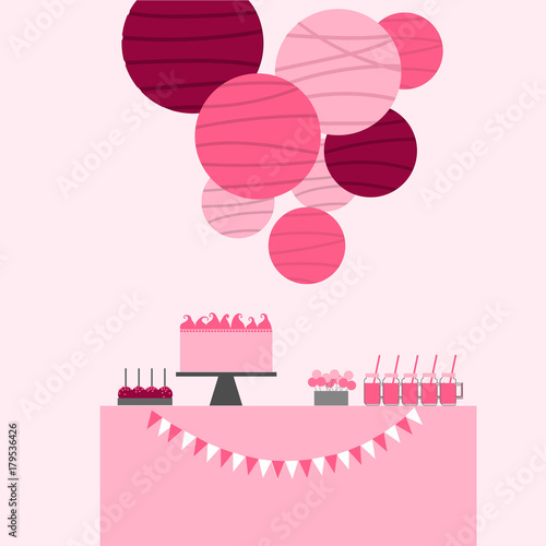 Dessert table and paper lanterns. Candy bar with cake. Vector illustration.