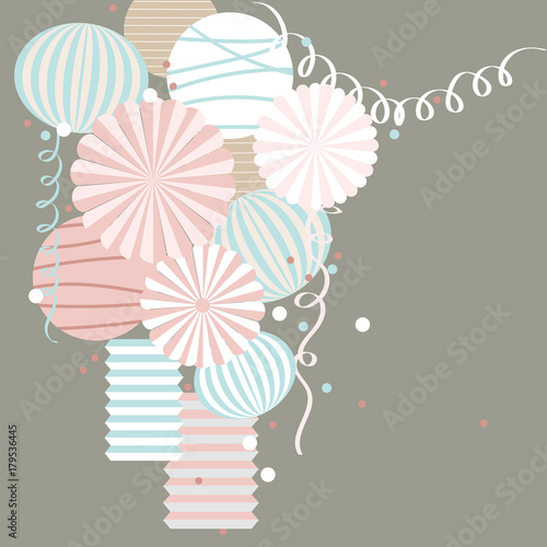  Vector background with paper Pom Poms, lanterns and garlands.