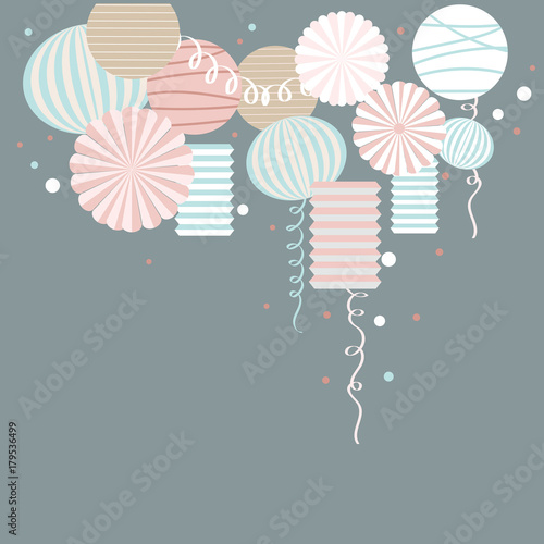  Vector background with paper Pom Poms, lanterns and garlands.