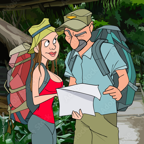 cartoon man and woman tourists in the jungle