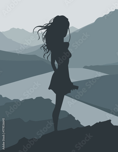 cartoon silhouette of a woman standing in a mountain valley