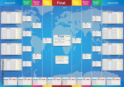 World cup fixture template with world map background. Sport tournament 32 teams fixture and template. Vector EPS10