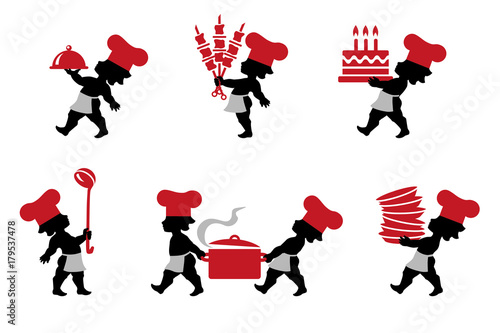 Vector illustration of Chef in chef's hat cooking in restaurant kitchen. Icons set of cook professional masters with kitchen utensils.