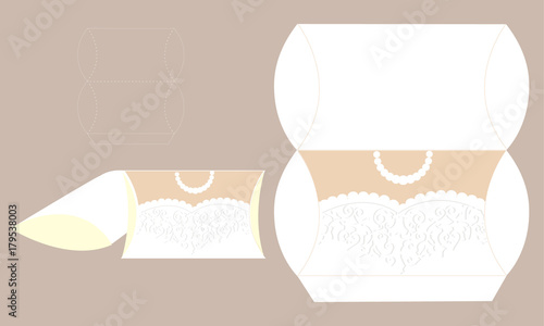 Elegant bridal dress with lace. Wedding dress box. Printable packaging. Bride - white pillow favor box.