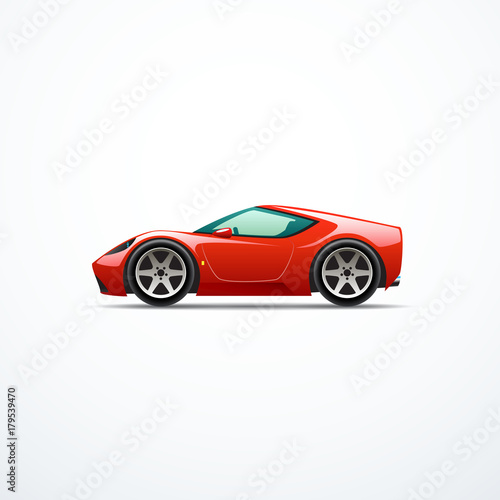 Vector red cartoon sport car. Side view