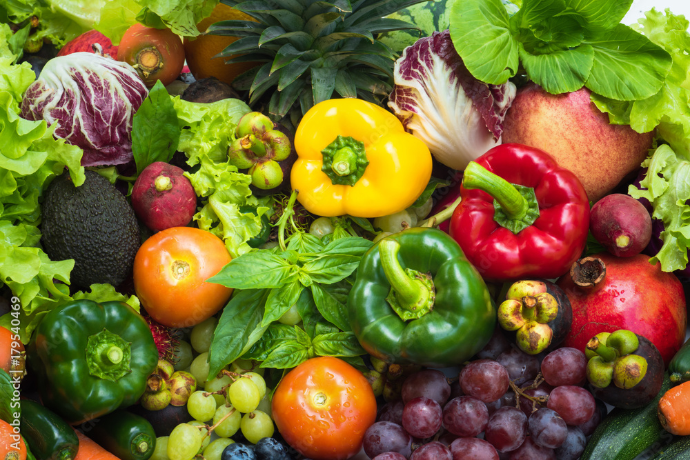 Tropical fresh fruits and vegetables organic after washed, Arrangement different vegetables organic for eating healthy and dieting Tropical fresh fruits and vegetables organic after washed, Arrangement different vegetables organic for eating healthy and dieting