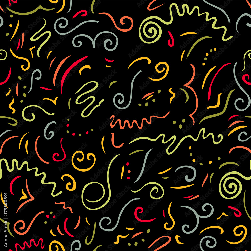 Seamless pattern with colorful flourishes of trendy Memphis doodle style of 80s.