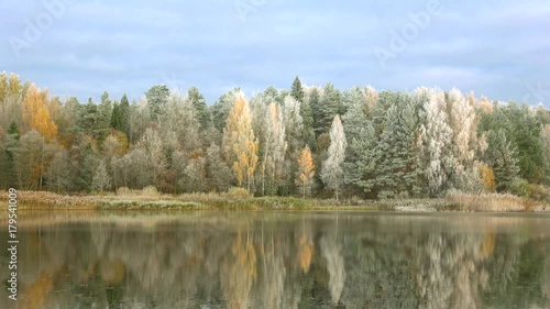 Panorama of the pond in the autumn frost. The village Bugrovo, Pushkinskie mountains. Russia photo