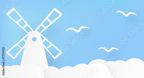 Windmill and birds with clouds on blue background.