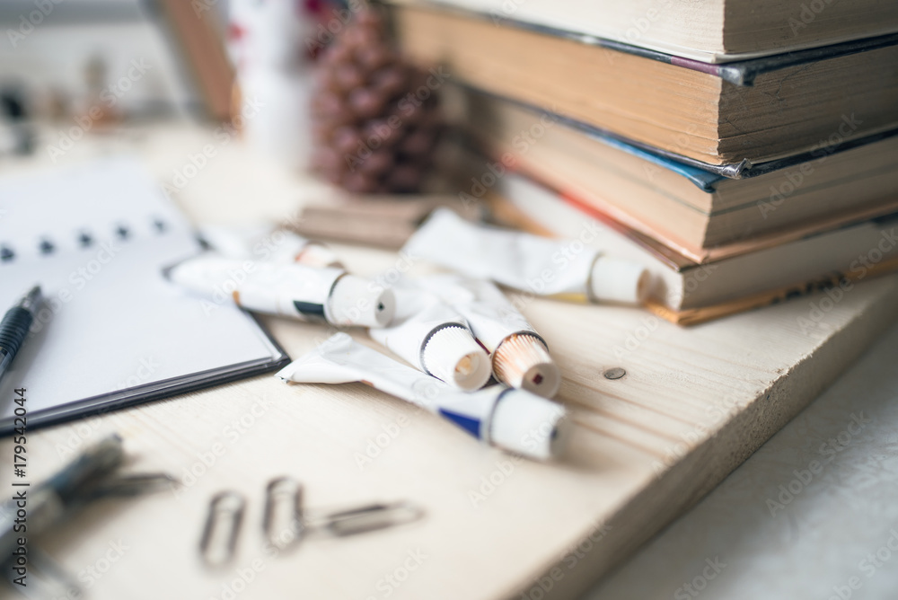 Disorder on the schoolboy's desk Disorder on the schoolboy's desk