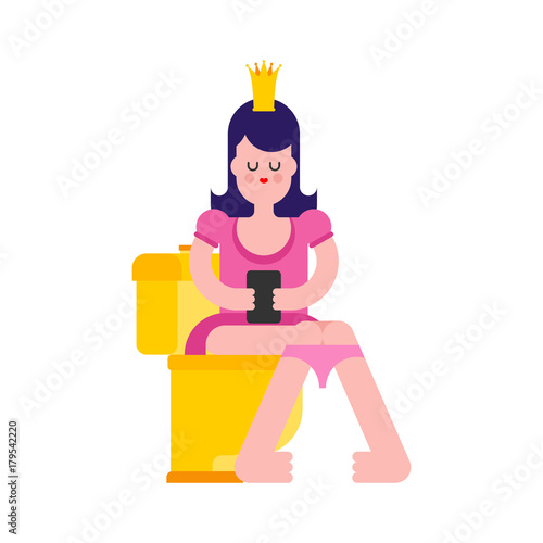 Princess on toilet. Woman is in WC. Sweet girl with crown. Vector illustration