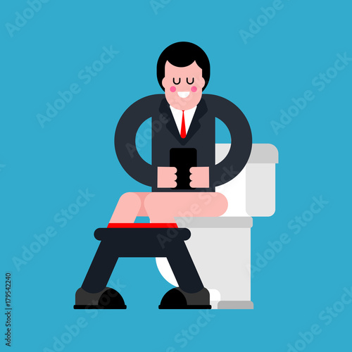 Businessman on toilet. Guy is in WC. Vector illustration
