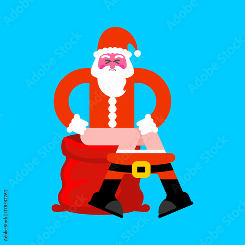 Santa on toilet red bag. Bad Christmas grandfather is in WC. Xmas  and New Year Vector illustration