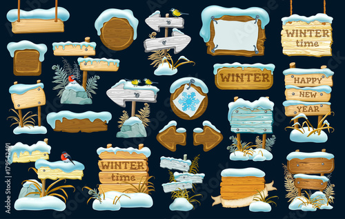 Funny cartoon game icons in the snow with leaves. Set wood board  for sale, advertising, price and discount. Vector illustration.