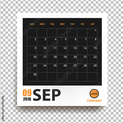 September 2018 calendar in realistic photo frame with shadow isolated on transparent background. Event planner. All size. Vector illustration