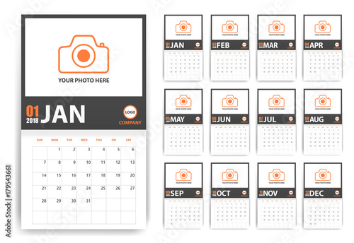 2018 photo calendar with shadow style. Grey and orange. Event planner. All size. Vector illustration
